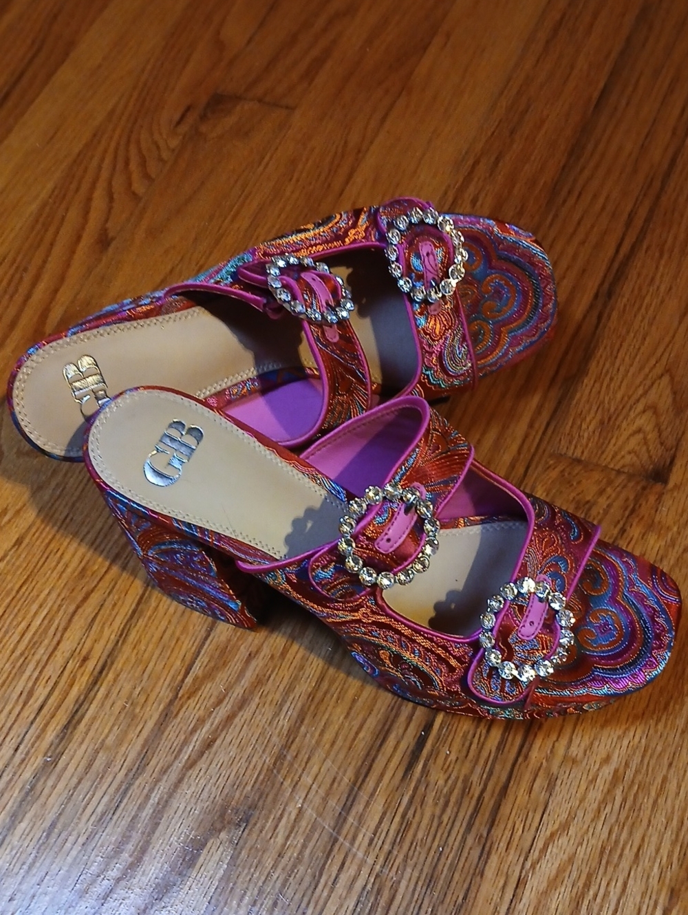 GB Embellished Pink Paisley Platform Mules - Women 8.5 - Picture 2 of 10
